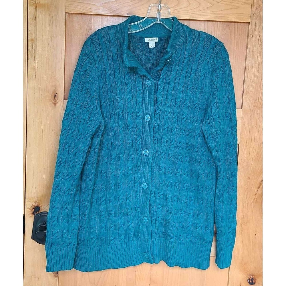 L.L. Bean 100% Cotton Cable Knit Teal Blue Cardigan MEDIUM Sweater Heritage M - Picture 2 of 10
